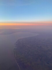 View flying over Peak District at sunrise on a foggy morning