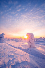 winter landscape at sunset in Finnish Lapland