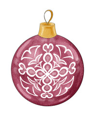 Fototapeta premium Digital illustration of a Christmas ball. Stylized decorative symbol of Christmas. Hand-drawn clipart in a watercolor style. Burgundy Christmas ball decorated with a white pattern
