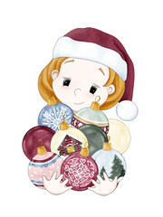 Portrait of a cute cartoon baby girl or a Christmas gnome in a red cap with an armful of different decorative Christmas balls in her hands. Digital illustration in watercolor style. Greeting card