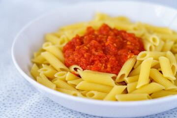 simple macaroni pasta dish with tomato sauce, Majorca, Balearic Islands, Spain