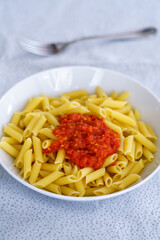 simple macaroni pasta dish with tomato sauce, Majorca, Balearic Islands, Spain