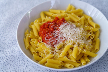 simple macaroni pasta dish with tomato Cheese sauce, Majorca, Balearic Islands, Spain