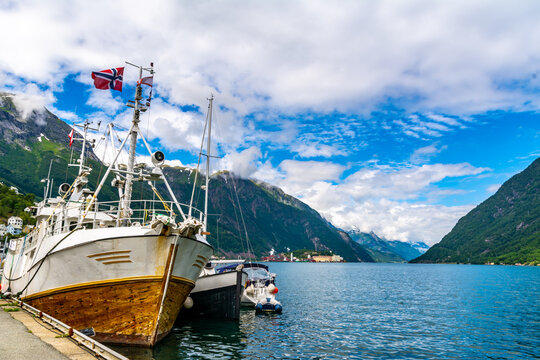 Amazing view on fjord Sorfjorden, harbor port marina with a ship. Odda, Norway. Artistic picture. Beauty world.