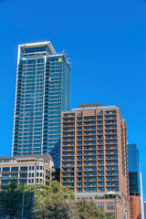 Modern residential buildings with balconies against the blue sky in Austin, Texas