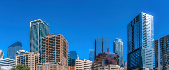 Panorama cityscape of Austin, Texas against the clear blue sky background