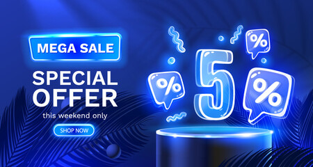 Mega sale special offer, Neon 5 off sale banner. Sign board promotion. Vector