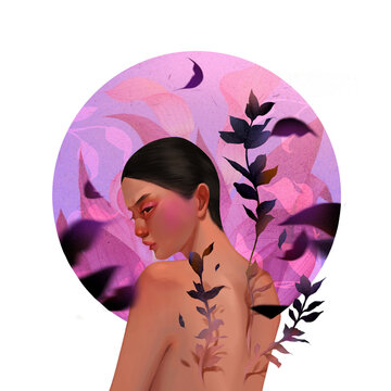 Woman back facing, flowers, garden, romantic vibe, circle cutout, transparent background, digital drawing, Oriental illustration