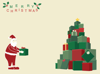Christmas card with gift boxes Christmas tree and Santa Claus.
