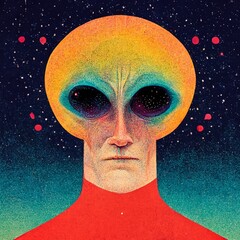 A man from outer space. A portrait drawn in the old style of comic books from the 1960s. Digital paintin illustration.  - obrazy, fototapety, plakaty