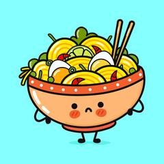 Cute angry ramen bowl character. Vector hand drawn cartoon kawaii character illustration icon. Isolated on blue background. Sad ramen bowl character concept
