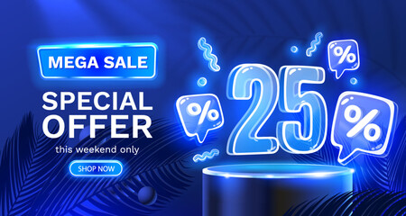 Mega sale special offer, Neon 25 off sale banner. Sign board promotion. Vector