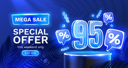 Mega sale special offer, Neon 95 off sale banner. Sign board promotion. Vector - obrazy, fototapety, plakaty