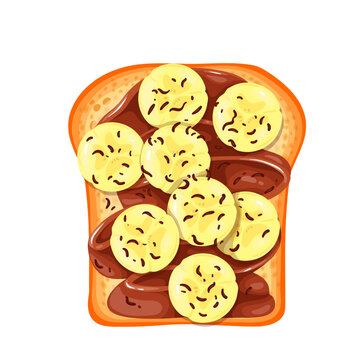 Banana toast vector illustration. Cartoon isolated toasted bread with chocolate spread or peanut butter and banana slices, top view of sweet fruit sandwich for breakfast at home or in restaurant