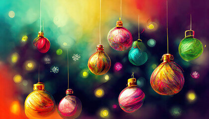 Hintergrund mit bunten Weihnachtskugeln und Christbaumschmuck, Illustration 