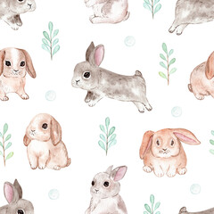 Watercolor cute bunnies and floral seamless pattern on white background. Rabbit print