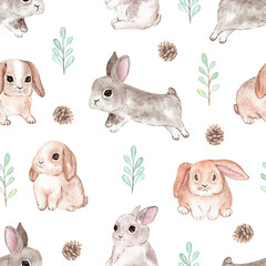 Obraz premium Watercolor cute bunnies seamless pattern on white background. Rabbit print
