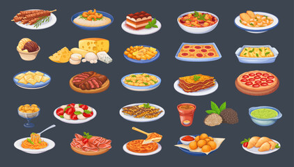 Italian food set vector illustration. Cartoon isolated pizza and pasta, fried fastfood snacks with cheese and desserts, homemade and restaurant dinner dishes and sauces cooking in cuisine of Italy