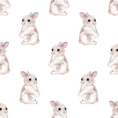 Watercolor cute bunnies seamless pattern on white background