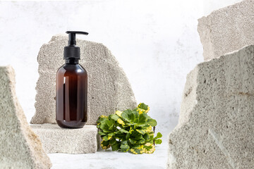  pump bottle on a podium made of stones and green succulent leaves on a gray background. The concept of natural cosmetics