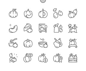 Pumpkin vegetable. Cooking, recipes and price. Thanksgiving. Food shop, supermarket. Pixel Perfect Vector Thin Line Icons. Simple Minimal Pictogram.