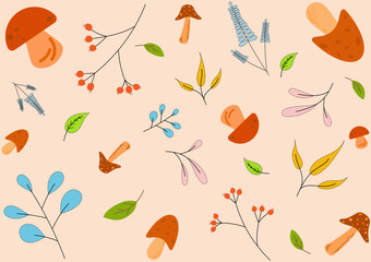 Lovely mushrooms, flowers and leaves arranged alternately. On a brown background, design for clothes, cover pattern, bags, towels, blankets, baby items, fabric pattern.