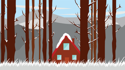 Illustration of cozy cabin in the middle of the forest with mountains in the background. Winter season in mountainous area.