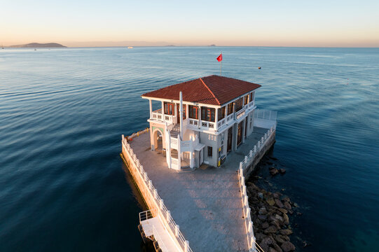 Historical Moda Pier. Moda neighbourhood of Kadikoy, Istanbul, Turkey. Beautiful aerial view. Drone shot.