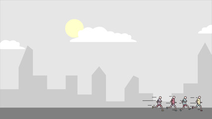 Obraz premium City marathon New York, Boston, Chicago Day Background with Silhouette of building and line art runner , Copy Space Area. Suitable to place on content with that theme. Template Vector illustration