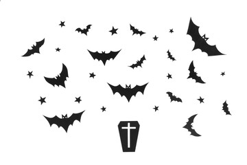 Happy halloween, Bats flying, christian cross and grave make from paper cut on white background,...