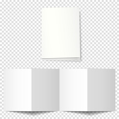 Mockup of open and closed book booklet, brochure, flyer. Accordion type, 8-pages, 4 folds, 3d vector illustration on a transparent background. Suitable for your design.