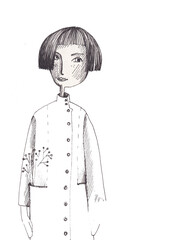 Sketch of a girl in a dress with flowers. Sweet illustration, soft and old vintage character .