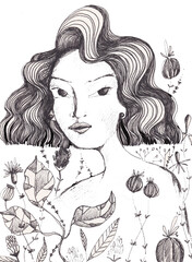  Sketch of a sweet woman  with a leaf and  beautiful autumn flowers.  Old school, vintage drawing, sweet character.