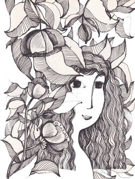  Sketch of a sweet woman with a leaf and  beautiful autumn flowers.  Old school, vintage drawing, sweet character.