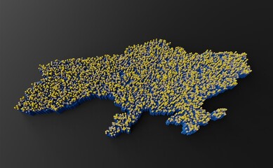 3D map uf Ukraine, comprised of hexagonal columns, colored similar the ukrainean flag colors. 3D render.