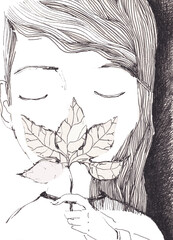  Sketch of a sweet girl with a leaf and  beautiful hair line. Old school, vintage drawing, sweet character.