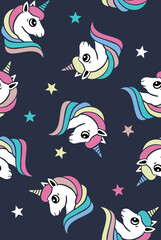 Cute unicorn, and navy background decoration. Seamless repeating pattern texture background design for fashion fabrics, textile graphics, prints etc