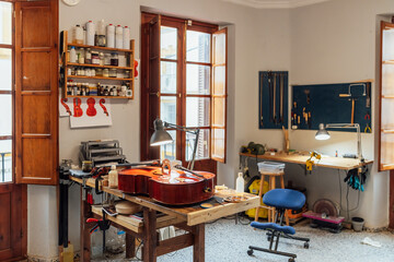 Interior of cello making workshop