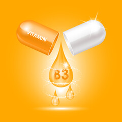 Capsule vitamin B3 (Thiamine) structure orange, white open as drop of water. 3D Vector Illustration. Drug business concept. Personal care, beauty concept. Vitamin complex with chemical formula.	