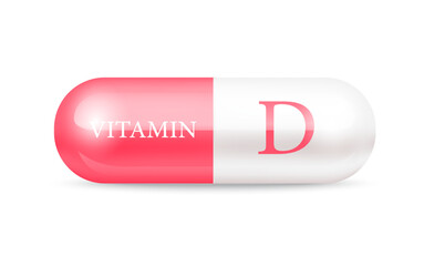 Capsule vitamin D (Thiamine) structure pink red, white. 3D Vitamin complex with chemical formula. Drug business concept. Personal care, beauty concept. Vector Illustration. transparent capsule pill.	
