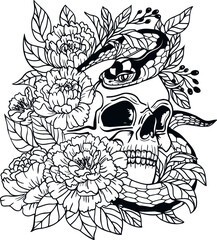 Skull with a snake and flowers.  Vector illustration isolated on white background. Day of the dead skull emblem. Skull and peonies. Skull tattoo, print design for t-shirt.
