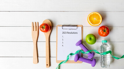 2023 Resolutions.  New year for New Changes Healthy.  Fresh vegetable fruits and healthy food for...