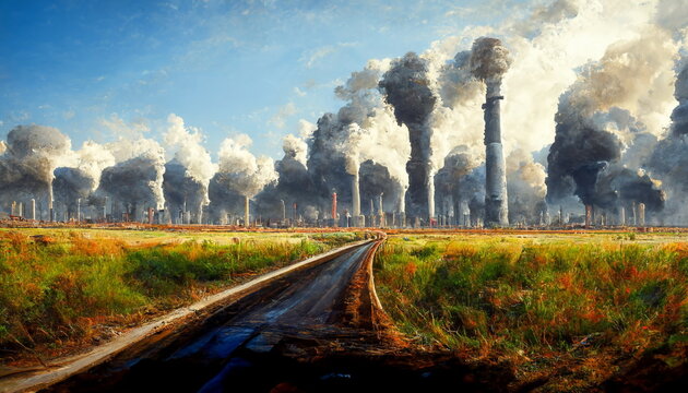 Factory plant smokes with smog. Landscape with natural ecological elements and ecological problem concept as an illustration.