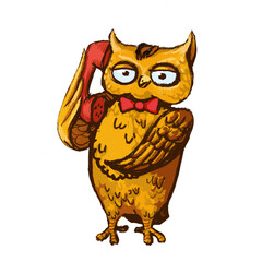 Owl with handset. Funny Cartoon owl character. Hand drawn illustration isolated on white background for banner, book or game design.
