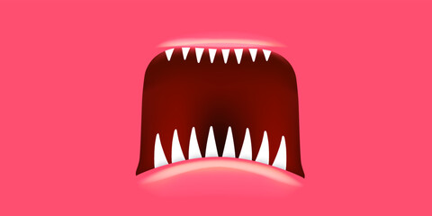 Vector Cartoon open monster mouth isolated on pink background. Funny and cute Halloween Monster open mouth with big vampire fangs or teeth and red tongue. Halloween card design template