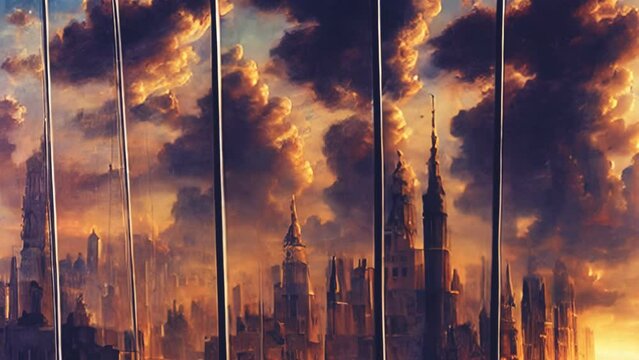 Generative AI animation of surreal painting of victorian cityscapes with clouds. Digital image painted manipulation Halloween videoloop impressionism style.