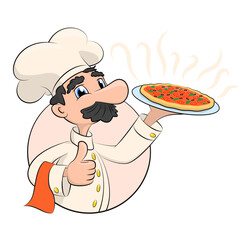 funny cartoon illustration of a pizza chef. Italian cook holding a delicious pizza. Isolated on white.