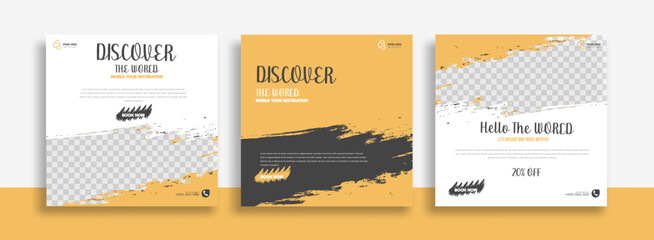 Travel Set of Editable minimal square banner template. black yellow white background color with geometric shapes for social media post, story and web internet ads. Vector illustration