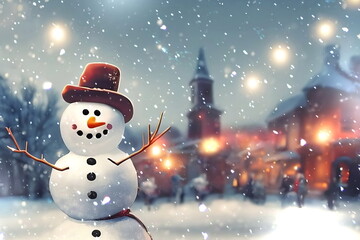 Obraz premium snowman in hat on evening city street Christmas card ,winter holiday greetings 