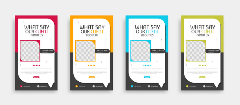 set of modern and creative client testimonial social media post and story design. customer service feedback review social media post or web banner vector template.	